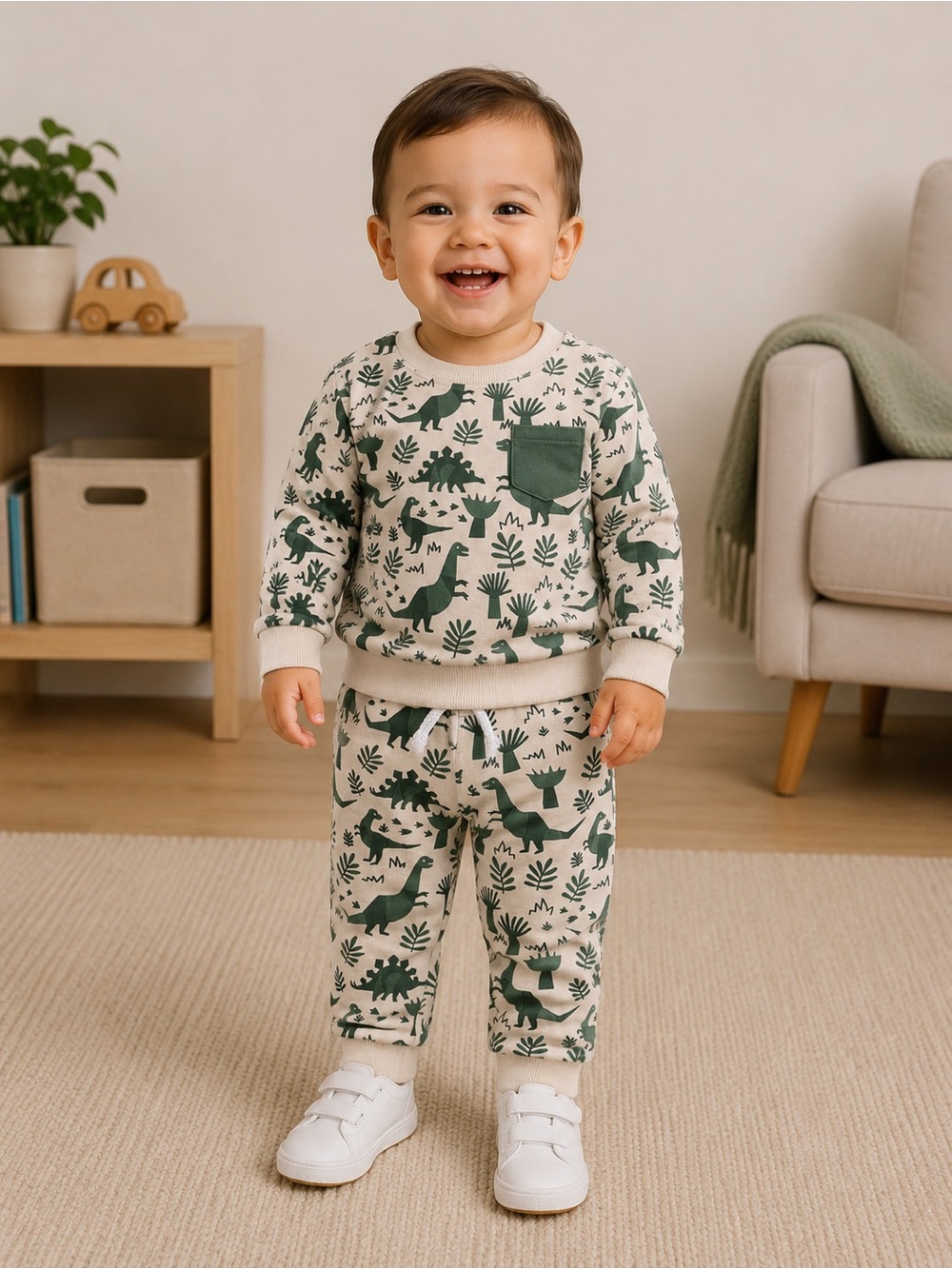 Source Unknown Cream and Green Dinosaur Kids Matching Set